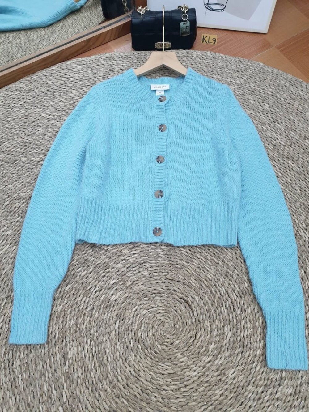 Sky Blue Ribbed Knit Cardigan Round Neck Tortoise Button Sweater